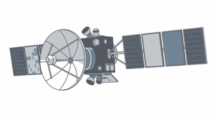 A detailed illustration of a satellite in space with solar panels and antennae © STOCK MANIA