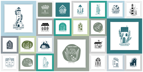 Obraz premium Hand drawn home logo. Lighthouse and cottage building. Green farm. Cozy house with tree leaves. Plant twigs. Real estate. Simple architecture doodle flat sketch. Vector square cards set