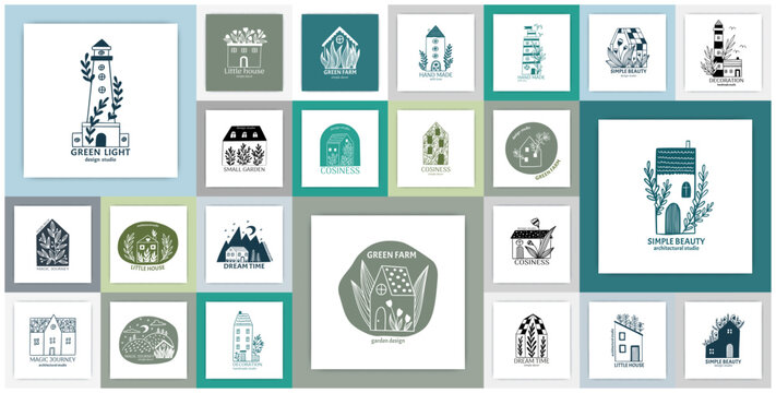 Hand drawn home logo. Lighthouse and cottage building. Green farm. Cozy house with tree leaves. Plant twigs. Real estate. Simple architecture doodle flat sketch. Vector square cards set