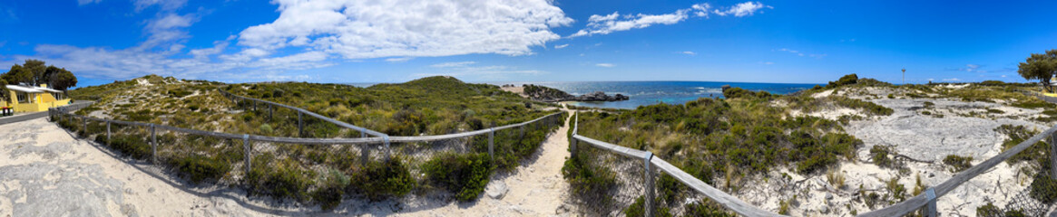 Panoramic view of Rottnest Island beach Australia with turquoise waters under sunny sky