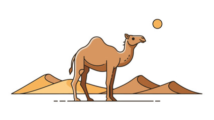 A camel stands on a desert mountain range landscape under the sun © STOCK MANIA