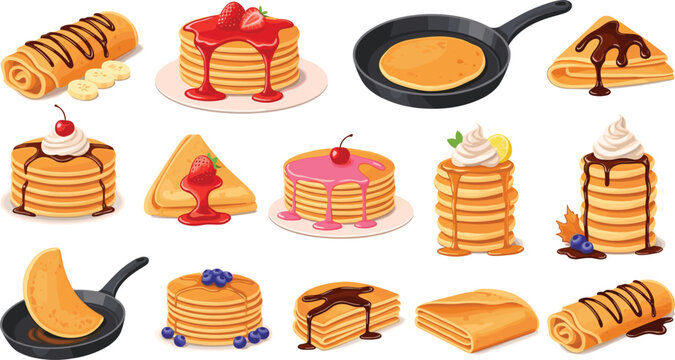 Pancake and crepe dessert vector set. Syrup dripping stacks, chocolate rolls and berry toppings. Sweet breakfast food illustrations isolated on white background.