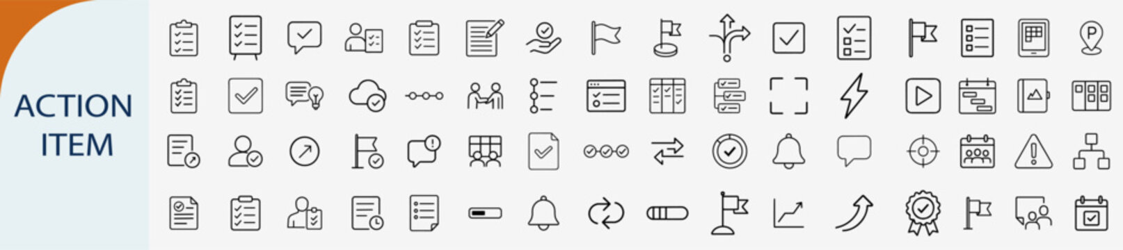 Action item and task management icons set, outline symbols for project planning checklist priority assignment and productivity vector illustration