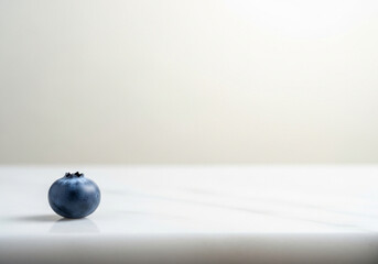Single blueberry on marble surface with soft natural light  