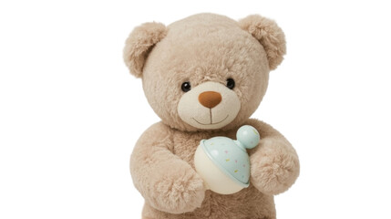 Obraz premium Cuddly teddy bear holding blue heart toy with sweet expression on white background