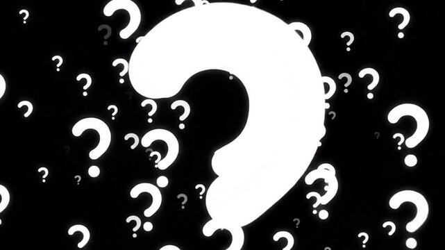 Scattered white and gray question marks on a black background
