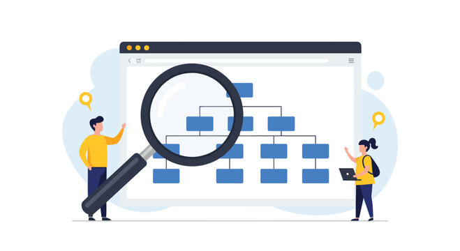 Team of analysts using a large magnifying glass to examine a website sitemap for search engine optimization and data analysis.
