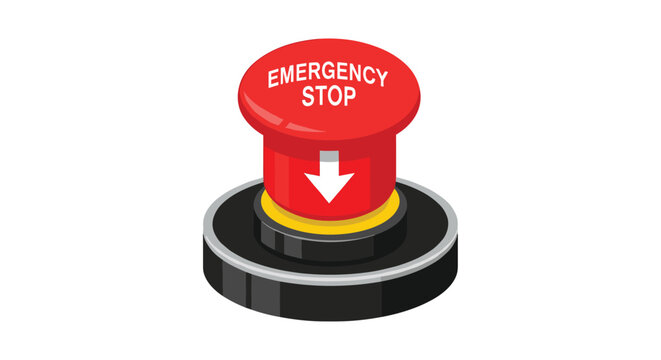 A prominent red emergency stop button with white text and a down arrow is pressed into a black industrial base.