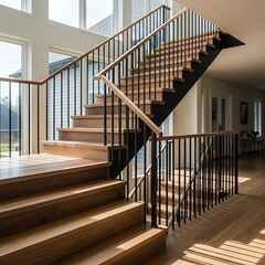Interior Stairway Design with Wooden Steps and Black Metal Railings