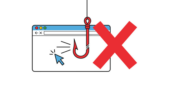 Anti-phishing concept showing a computer mouse cursor avoiding a phishing hook in a browser window with a red X mark.