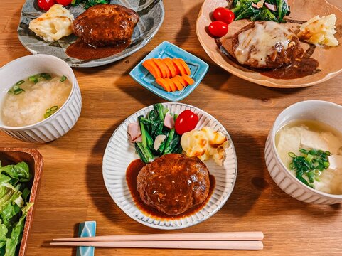 Delicious Japanese homemade hamburger steak set meal