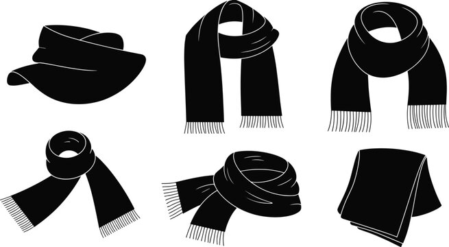 Black vector silhouette set of various winter scarves with tassels and neck warmers for cold weather fashion seasonal clothing retail and apparel branding design,