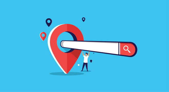 Local SEO and location-based search concept with a man holding a search bar that goes through a large map pin.