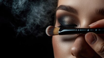 Obraz premium Close-Up of Makeup Application with Brush Highlighting Eyelashes and Smoky Eye Detail in Dramatic Lighting and Soft Focus