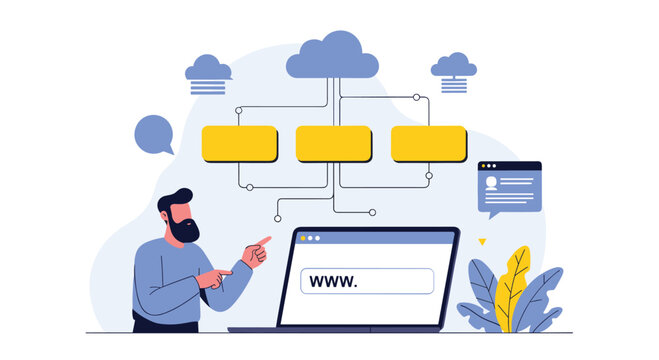 A developer explaining a website sitemap and information architecture connected to cloud hosting on a laptop screen.