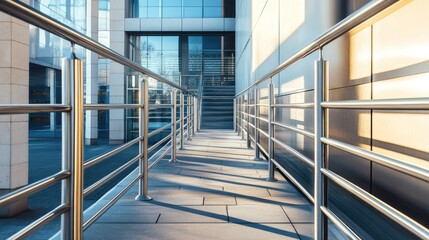 Modern Architecture with Metal Railings in Urban Setting Showcasing Clean Lines and Glass Facades Highlighted by Soft Morning Light