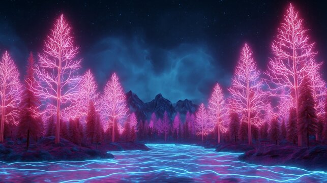 Surreal neon forest with glowing pink trees and luminous river under night sky fantasy landscape futuristic nature dreamlike scenery magical environment digital art concept