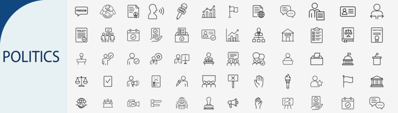 Politics and government icons set, outline symbols for election voting law legislation diplomacy and public administration vector illustration
