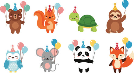Obraz premium Cute cartoon birthday animal collection featuring bear squirrel turtle sloth owl mouse panda and fox with party hats and balloons isolated on white background.
