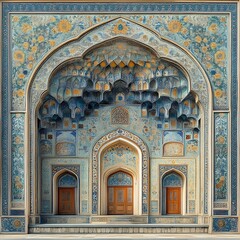 Ornate portal with blue, gold, floral motifs, arched entryways, and wooden doors
