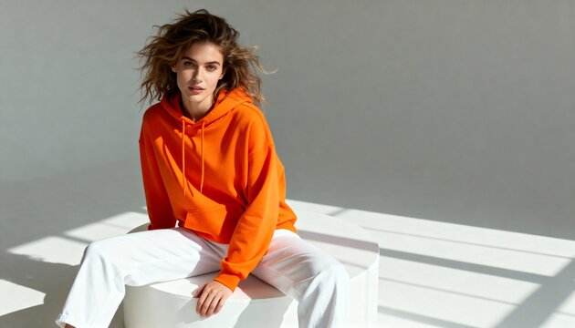 Young woman wearing an orange hoodie and white pants sitting in a studio. Casual fashion portrait with sunlight and shadows. Trendy streetwear style