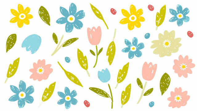 Flower crayon watercolor spring floral set. Cute nature background for kid, child, garden doodle element design. Vector illustration. 10