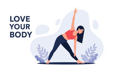 Fototapeta premium Motivational fitness banner with woman practicing triangle yoga pose and text love your body on soft background.