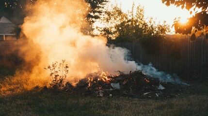Fototapeta premium A Warm Sunset Scene of a Burning Pile of Debris with Smoke Rising and Sunlight Filtering Through Trees in a Peaceful Backyard Environment
