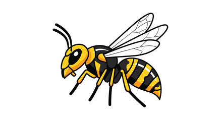 A graphic cartoon illustration depicting a black and yellow striped wasp with transparent wings from a dynamic side angle.