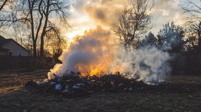 A Large Pile of Burning Trash Producing Thick Smoke at Sunset in a Backyard Landscape Surrounded by Trees and Fencing