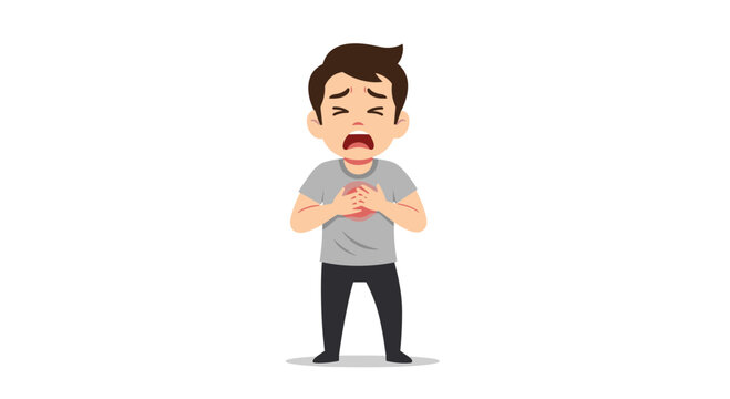 A young man clutches his chest with both hands, screaming in agony from severe pain or a sudden medical emergency.