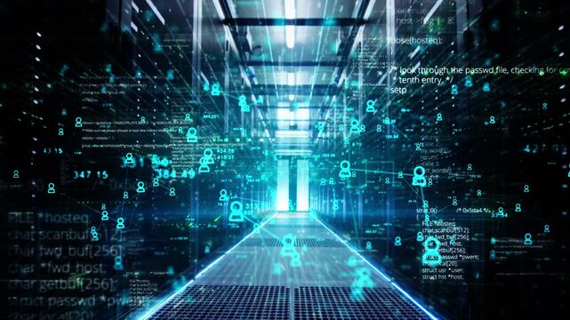 Digital information particles flow through network and data servers behind mesh panels in a server room of a data center or ISP. Forward Dolly Shot, High-Quality Animation