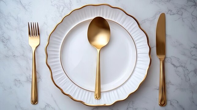 Elegant gold cutlery and white plate with scalloped edge on marble surface, perfect for upscale dining, catering, or special events, showcasing luxury and sophistication in table settings.