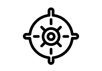 Obraz premium Black Line Art Icon of a Compass Rose or Target Symbol Set Against a White Background with Detailed Inner Spokes and Outer Markings Perfect for Navigation or Aiming Concepts