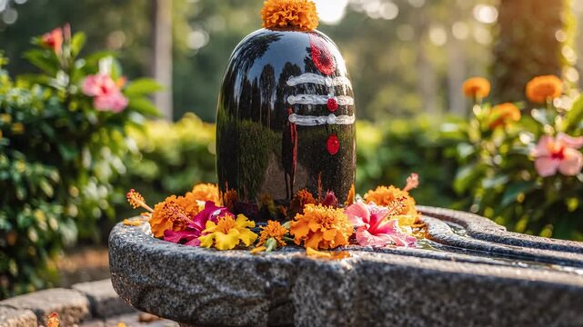 Shiva Lingam with offerings and flowers in outdoor temple setting
