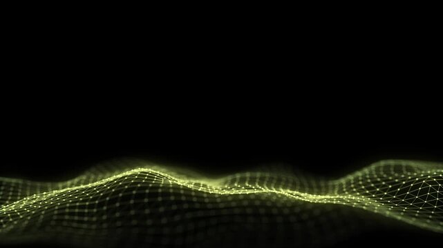 Dark cyberspace in digital background. Abstract technology green wave with motion glowing dots and lines. Connection big data. Futuristic wireframe texture. Analysis network connection. 3D rendering.