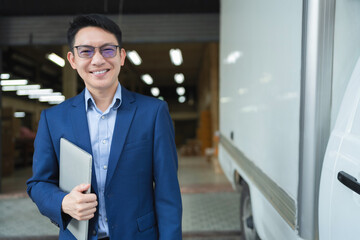 Fototapeta premium Smiling Asian logistics manager standing beside delivery truck at warehouse entrance holding laptop, representing modern supply chain operations, transportation business, cargo inspection