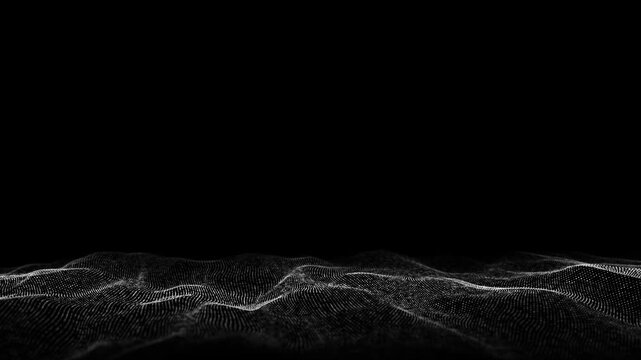 Dark cyberspace in digital background. Abstract technology black wave with motion dots and lines. Connection big data. Futuristic wireframe texture. Analysis a network connection. 3D rendering.