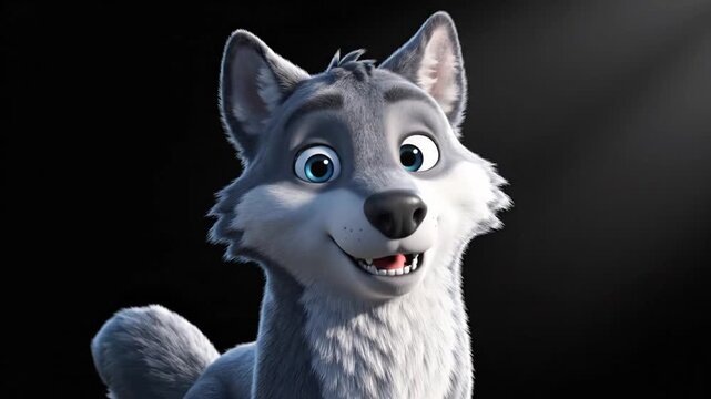 Smiling gray cartoon wolf character with blue eyes