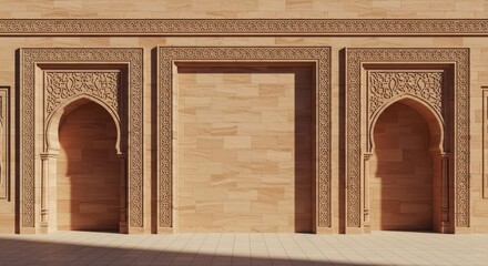 Fototapeta premium Ancient arched doorways with intricate designs on a beige stone building facade. illustration