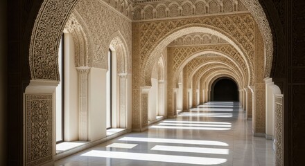 Fototapeta premium A serene and intricate arched corridor with natural light filtering through the windows. illustration