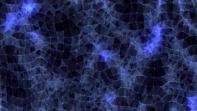 Dark cyberspace in digital background. Abstract technology blue wave with motion glowing dots and lines with top view. Connection big data. Futuristic wireframe texture. 3D rendering.