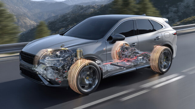 Innovative car design showcasing engine, electric battery and transmission with mountain road backdrop highlighting engineering excellence