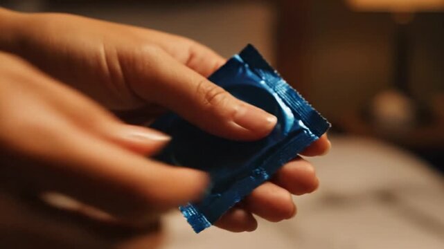 Human hand holding blue condom package for safe sex