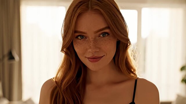 A young woman with striking green eyes and freckles gazes forward