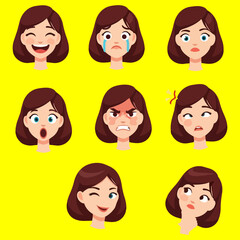 Collection of cartoon woman's facial expressions showcasing various emotions on bright yellow background from direct viewpoint