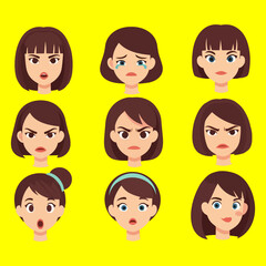 Nine different facial expressions of a cartoon woman with various emotions displayed in a 3x3 grid
