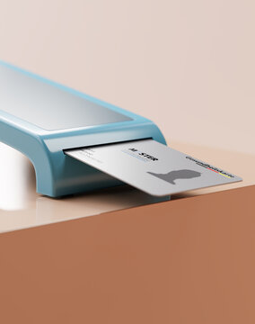 Sample of the German health insurance card (Gesundheitskarte) with fake names and numbers being inserted into a card reader in a medical practice or hospital