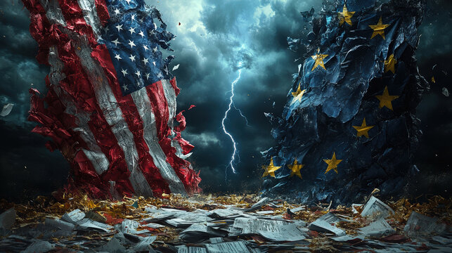 Dramatic representation of usa and eu trade conflict with torn flags and lightning symbolizing tariff dispute