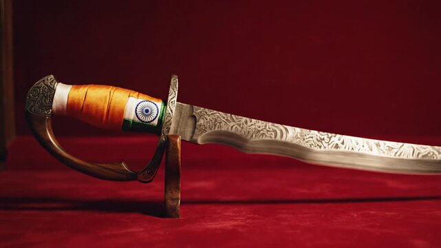 Decorative dagger with Indian flag handle and engraved blade